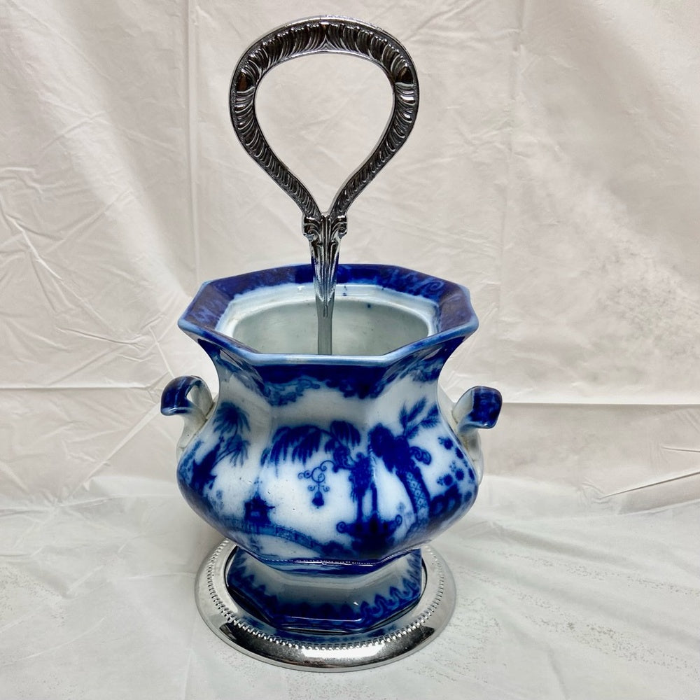 Vintage Flow Blue Willow Flower Vase or Flatware Caddy with Chrome Stand