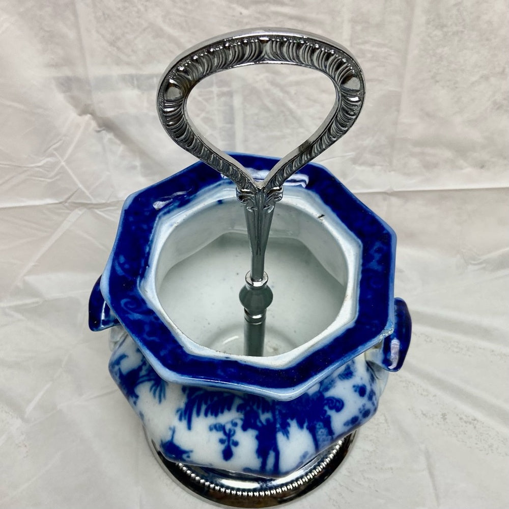 Vintage Flow Blue Willow Flower Vase or Flatware Caddy with Chrome Stand