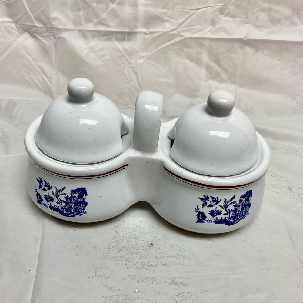 Vintage, Blue Willow White Ceramics Condiment Jar