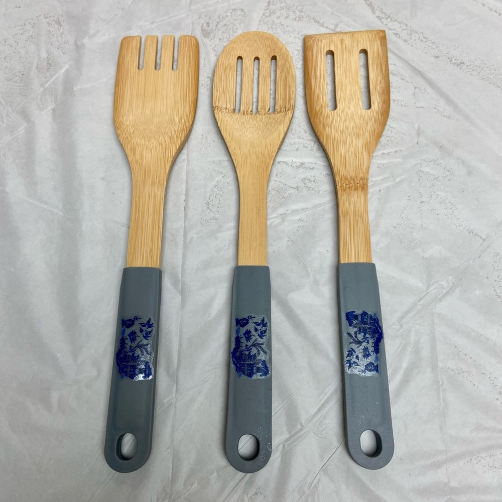 Lot of 3 Blue Willow Ladle Set with Gray Rubber Handle 12in and 2.5in