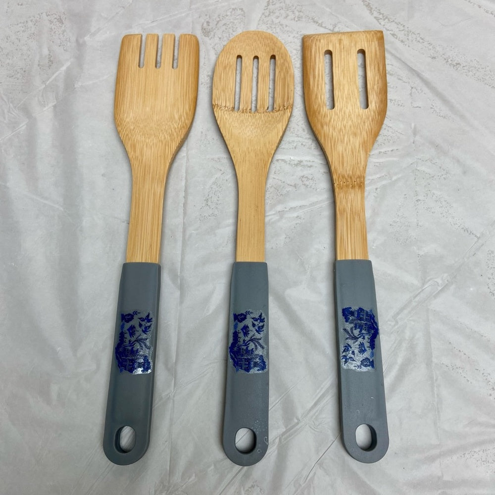 Lot of 3 Blue Willow Ladle Set with Gray Rubber Handle 12in and 2.5in