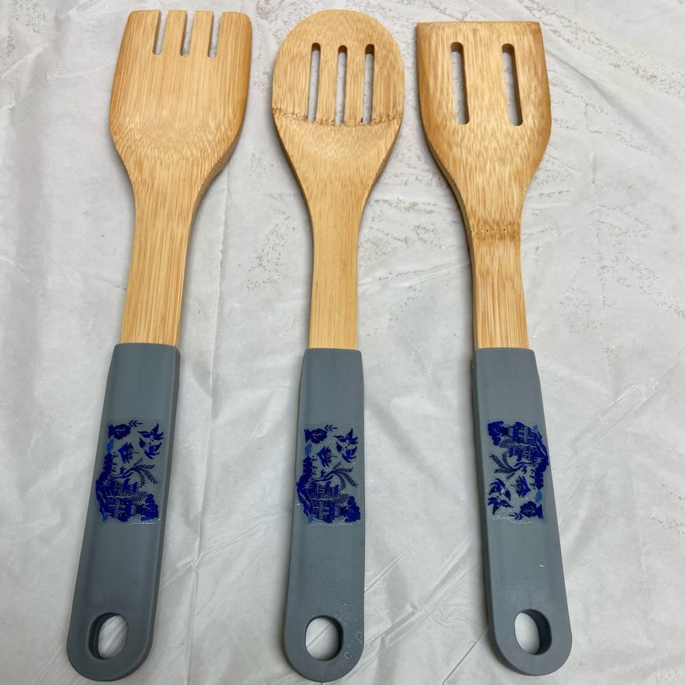 Lot of 3 Blue Willow Ladle Set with Gray Rubber Handle 12in and 2.5in