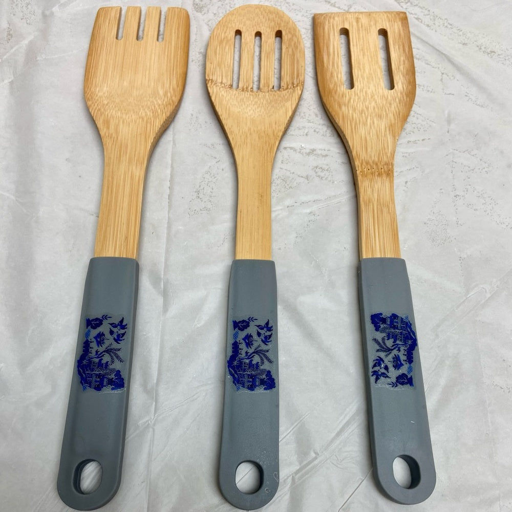 Lot of 3 Blue Willow Ladle Set with Gray Rubber Handle 12in and 2.5in