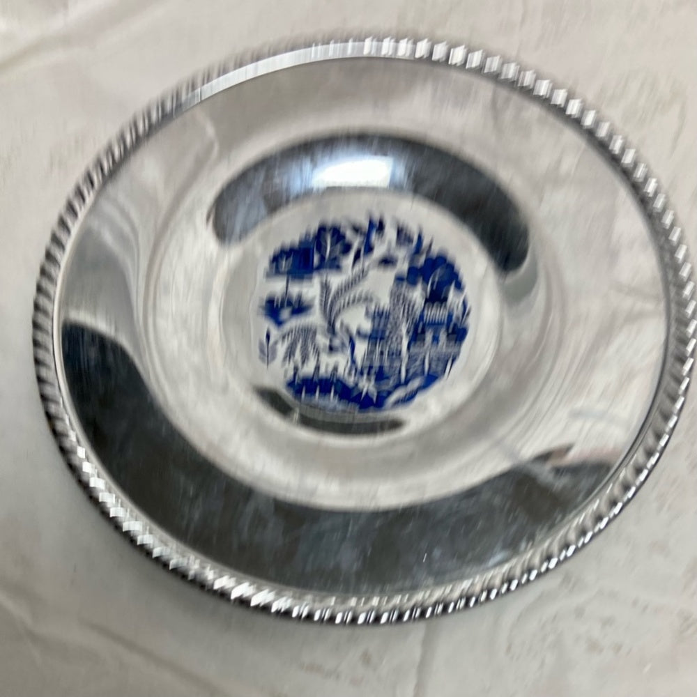 Vintage, 2pc Blue Willow Chrome Bread Plate