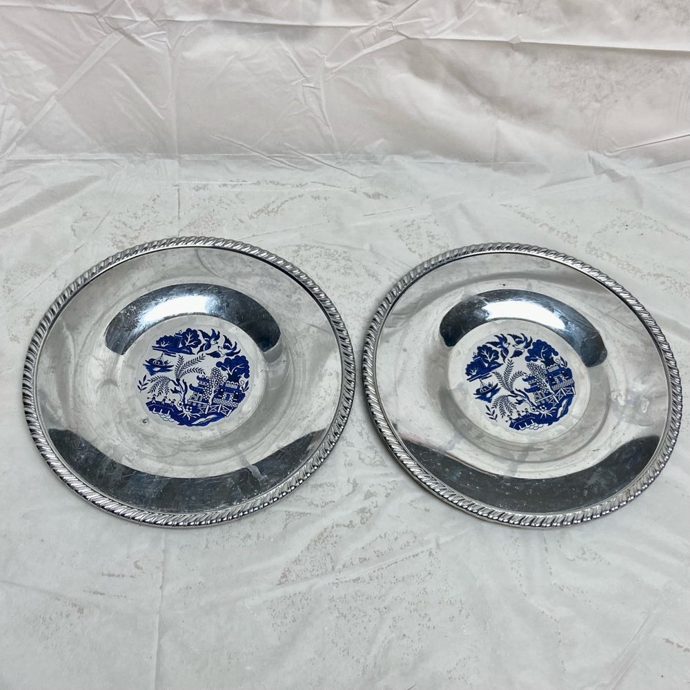 Vintage, 2pc Blue Willow Chrome Bread Plate