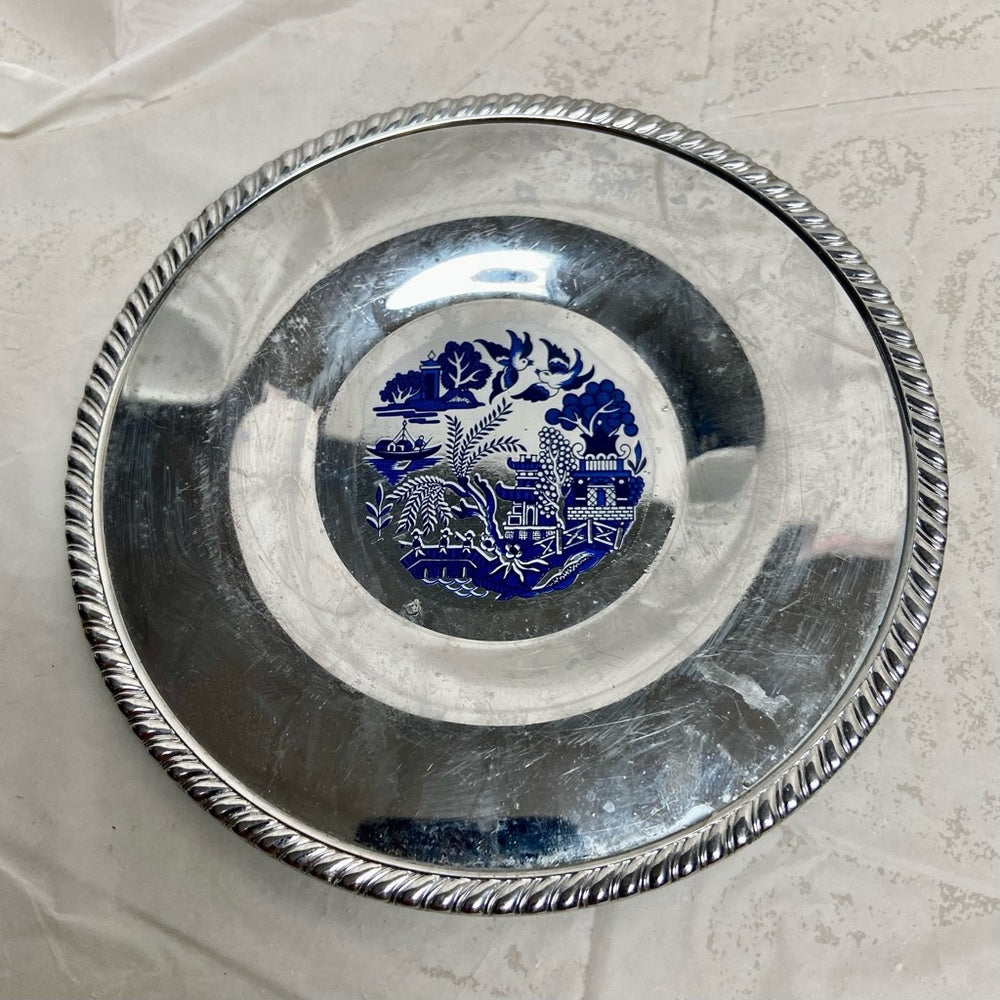 Vintage, 2pc Blue Willow Chrome Bread Plate