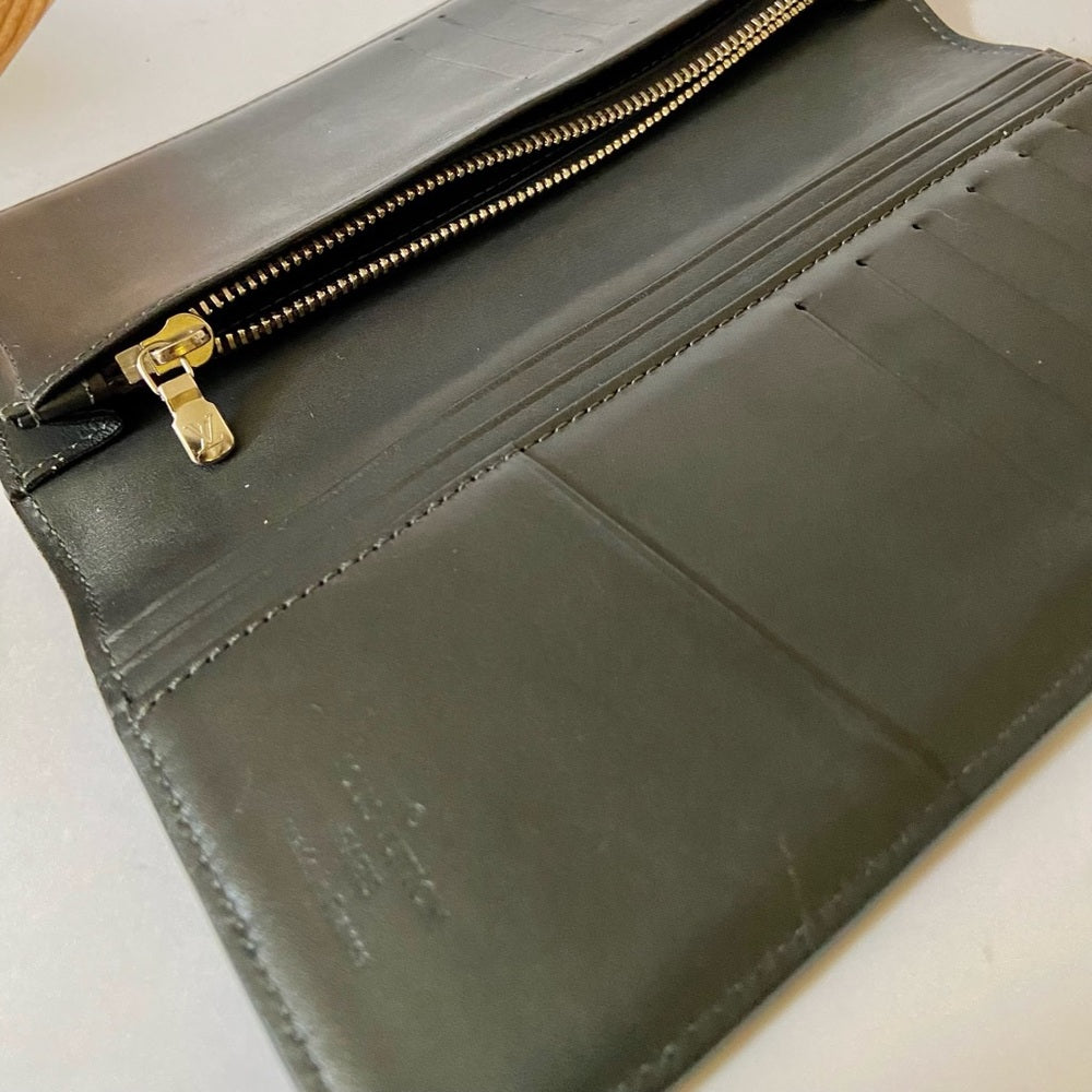 Louis Vuitton, Black Leather Long Wallet 7.5 x 4in