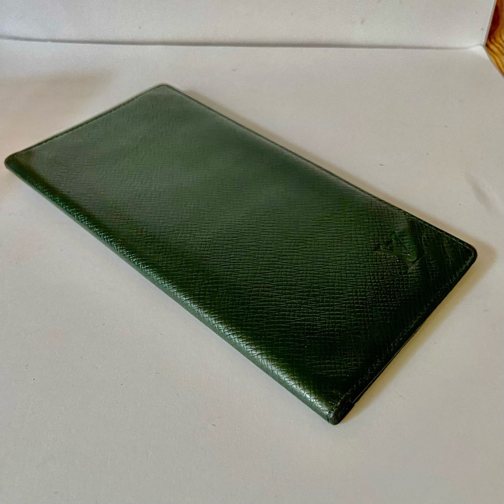 Louis Vuitton, Green Taiga Leather Long Wallet 7.5 x 4in