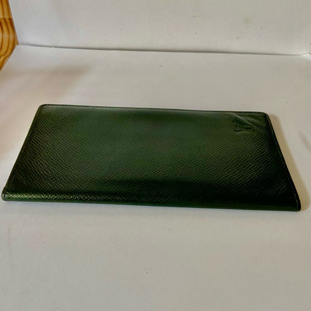 Louis Vuitton, Green Taiga Leather Long Wallet 7.5 x 4in
