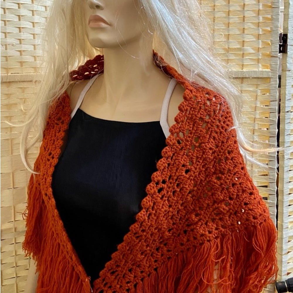 Fabulous, Rust Orange, Medium Size Hand Crocheted Shawl with Fringes 48in x 30in