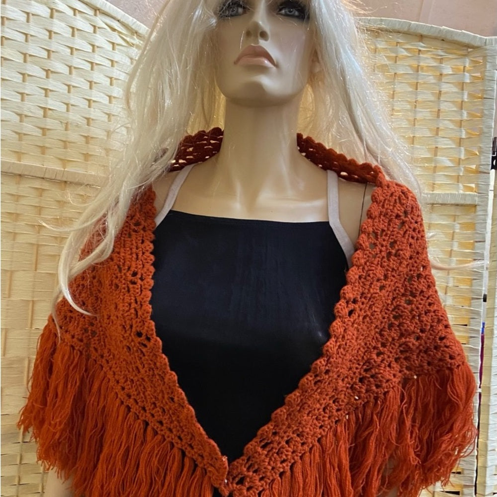 Fabulous, Rust Orange, Medium Size Hand Crocheted Shawl with Fringes 48in x 30in