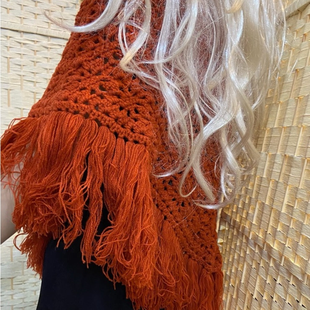Fabulous, Rust Orange, Medium Size Hand Crocheted Shawl with Fringes 48in x 30in