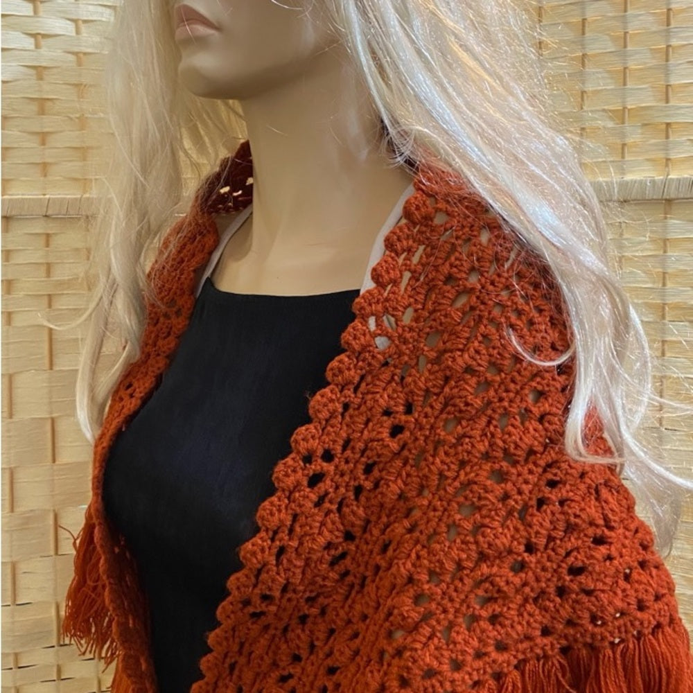 Fabulous, Rust Orange, Medium Size Hand Crocheted Shawl with Fringes 48in x 30in
