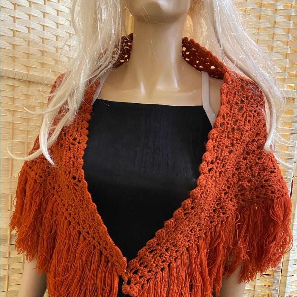 Fabulous, Rust Orange, Medium Size Hand Crocheted Shawl with Fringes 48in x 30in