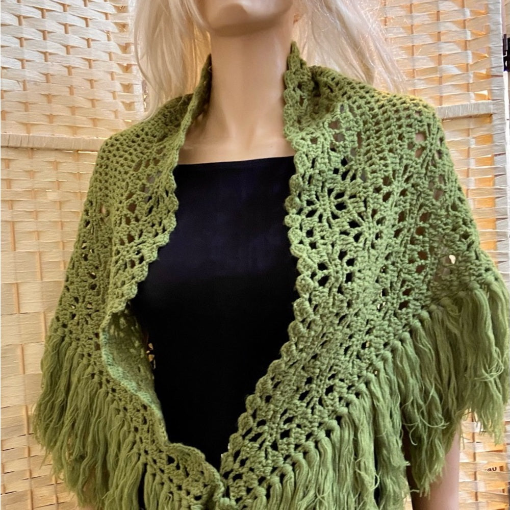 Stunning, Apple Green Crocheted Shawl With Fringes