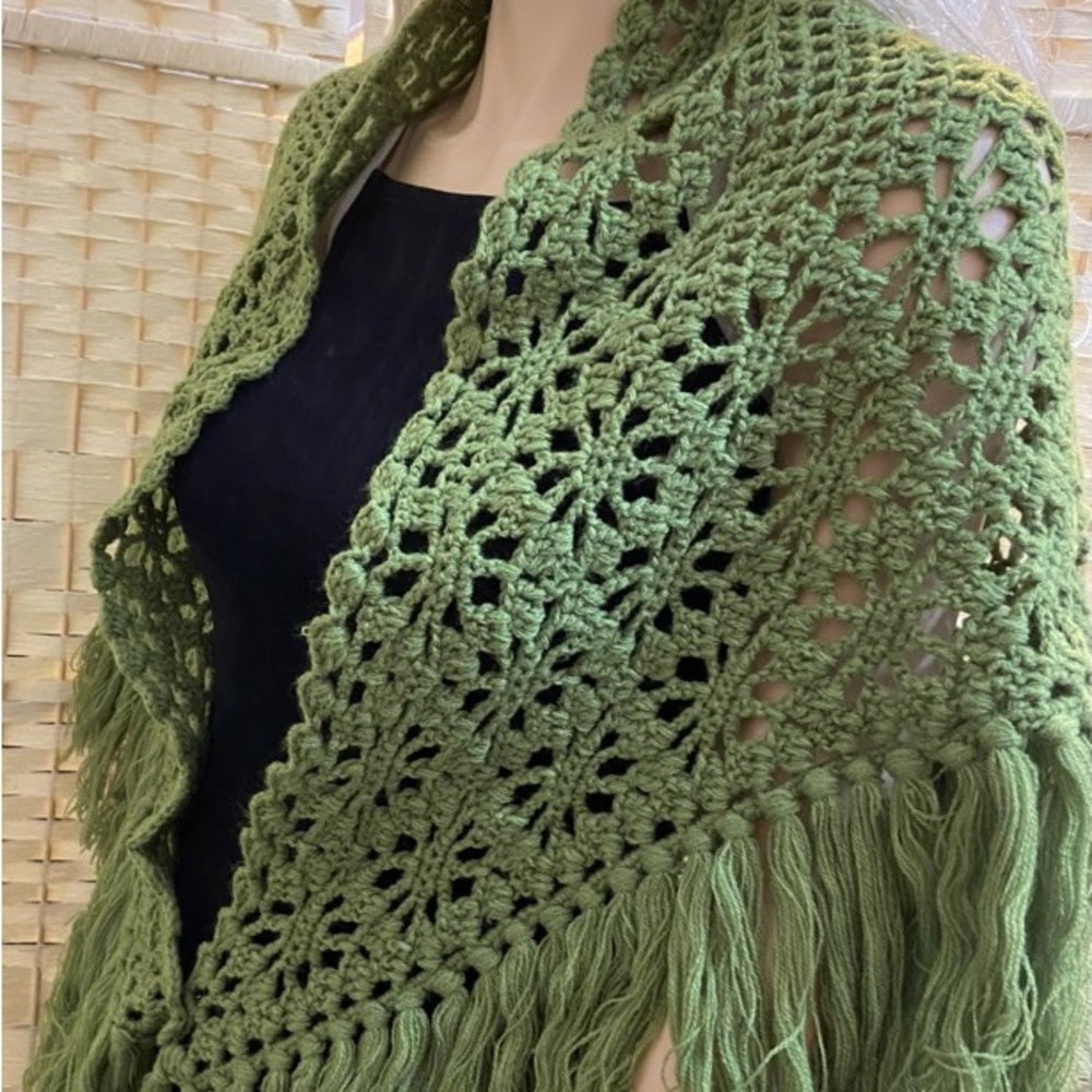 Stunning, Apple Green Crocheted Shawl With Fringes
