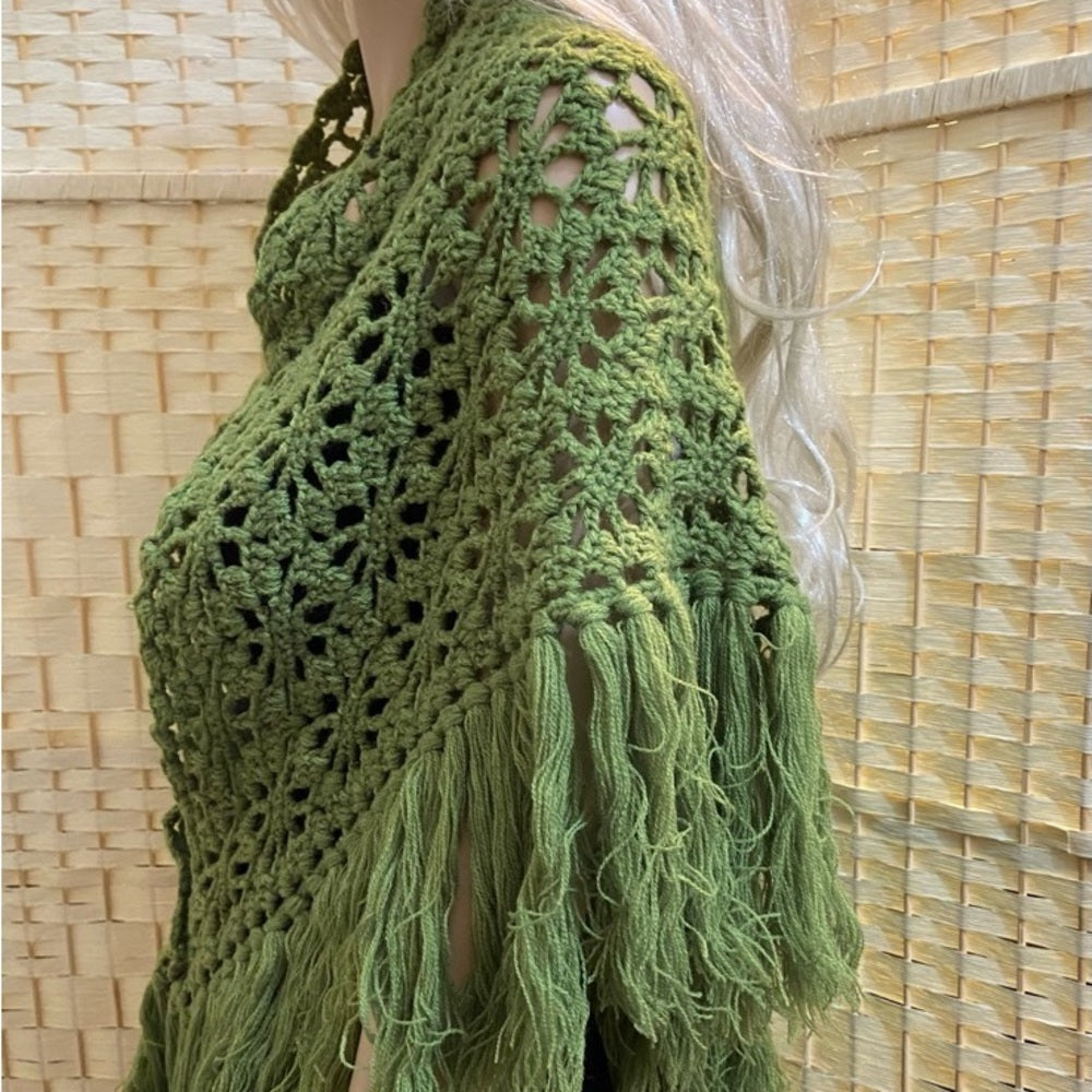 Stunning, Apple Green Crocheted Shawl With Fringes
