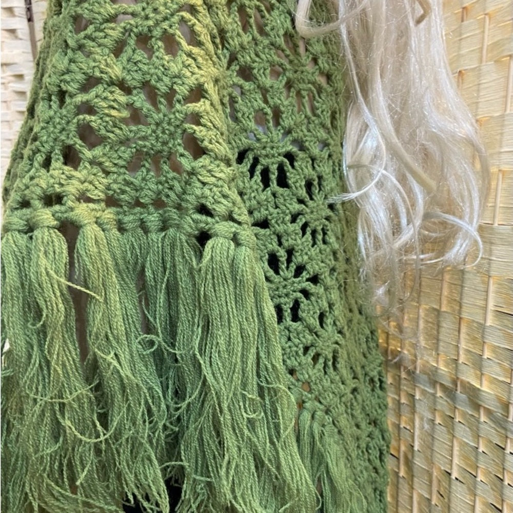 Stunning, Apple Green Crocheted Shawl With Fringes