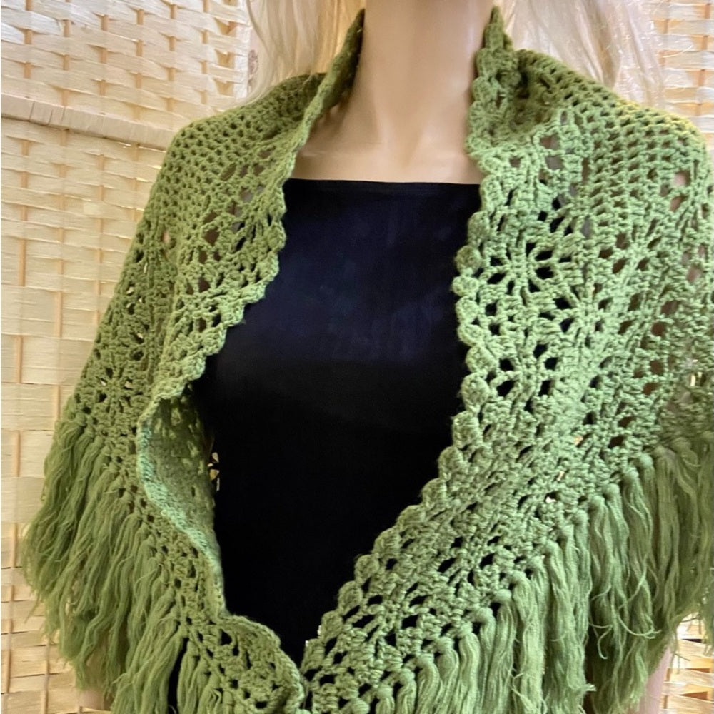 Stunning, Apple Green Crocheted Shawl With Fringes