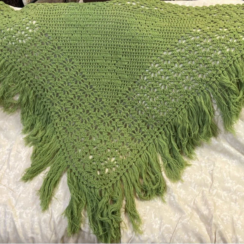 Stunning, Apple Green Crocheted Shawl With Fringes