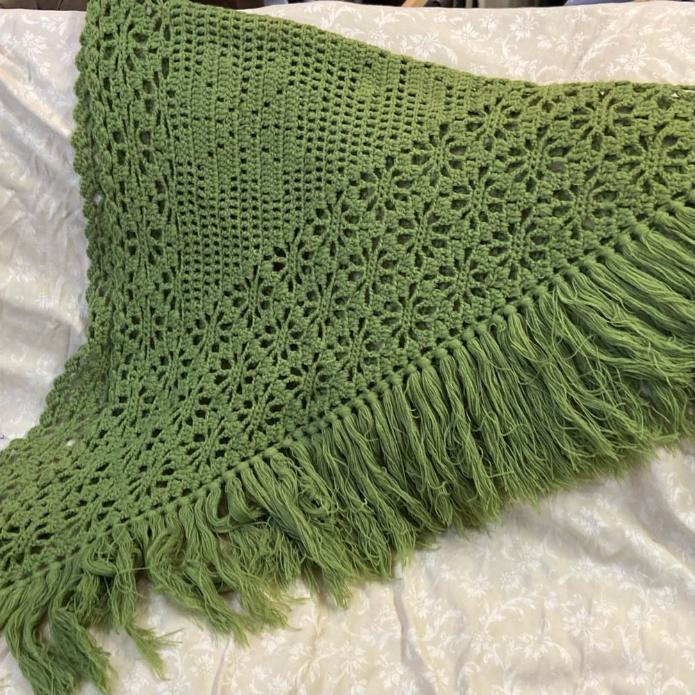 Stunning, Apple Green Crocheted Shawl With Fringes