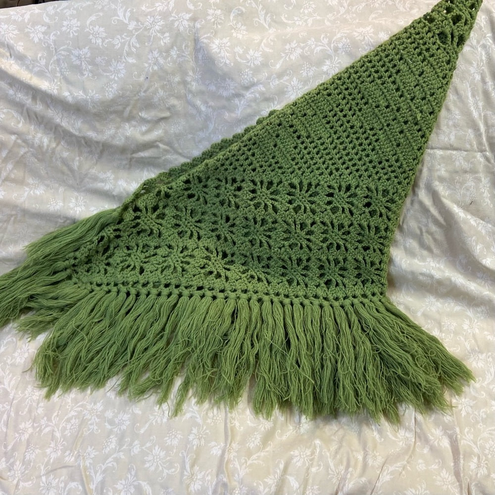 Stunning, Apple Green Crocheted Shawl With Fringes