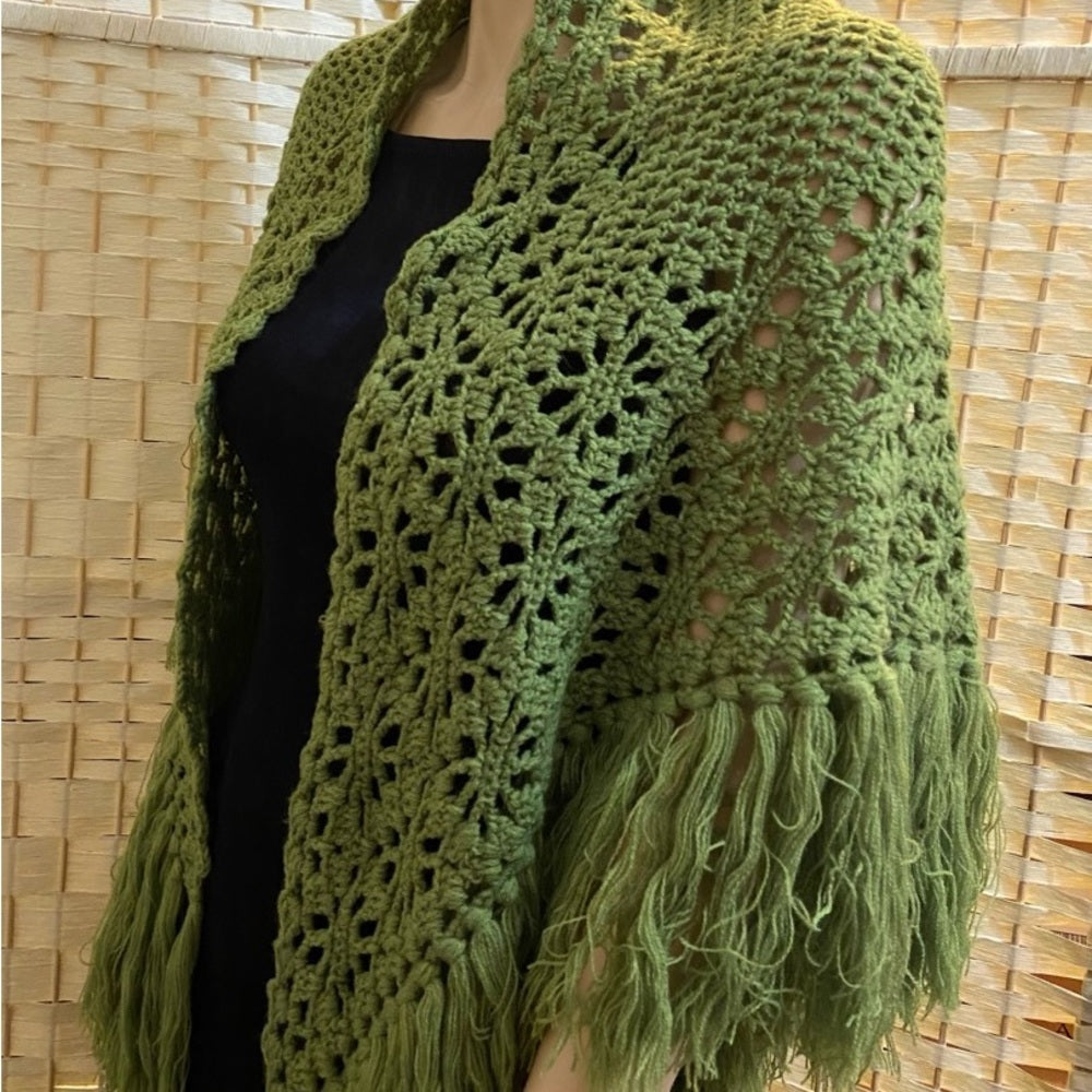 Elegant Pink Hand Crocheted Shawl With Fringes