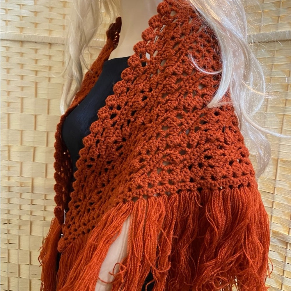 Elegant Pink Hand Crocheted Shawl With Fringes