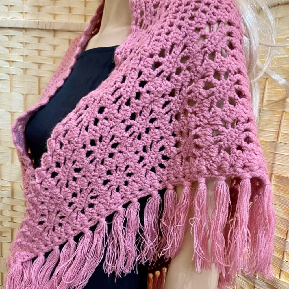Elegant Pink Hand Crocheted Shawl With Fringes