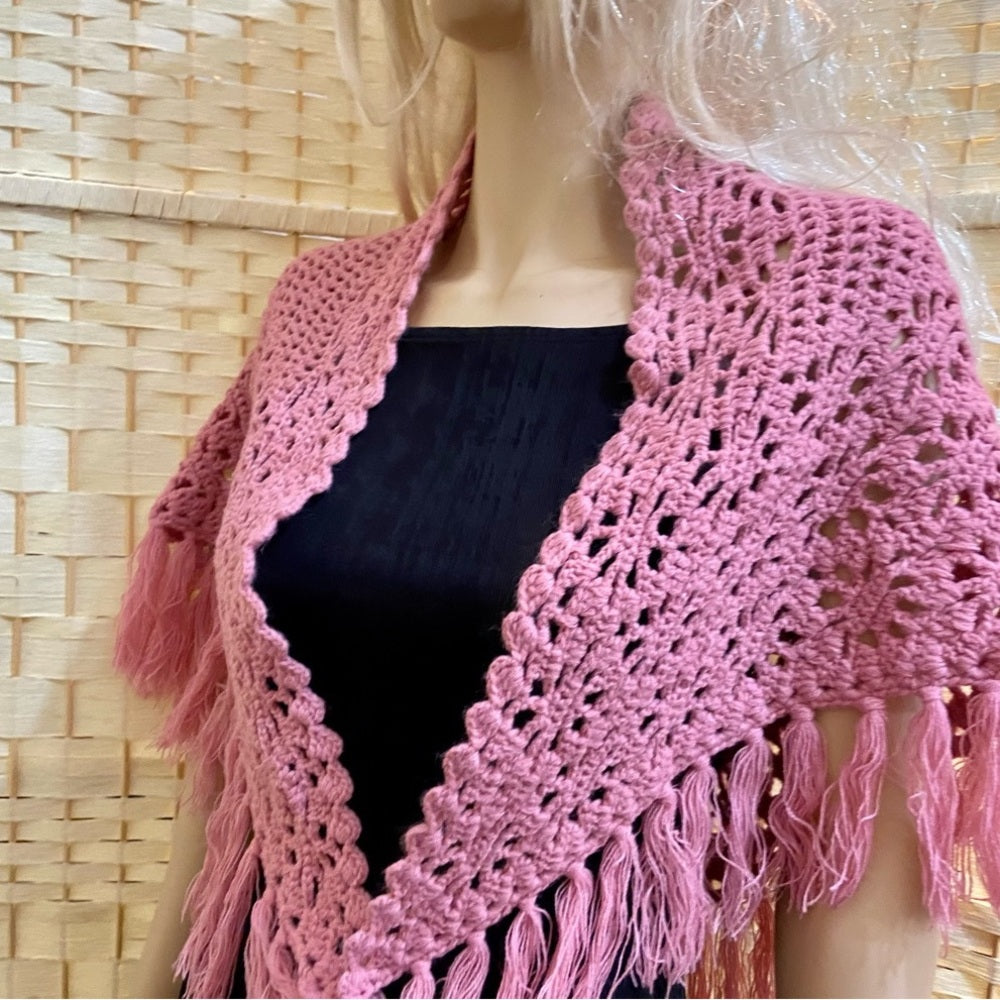 Elegant Pink Hand Crocheted Shawl With Fringes