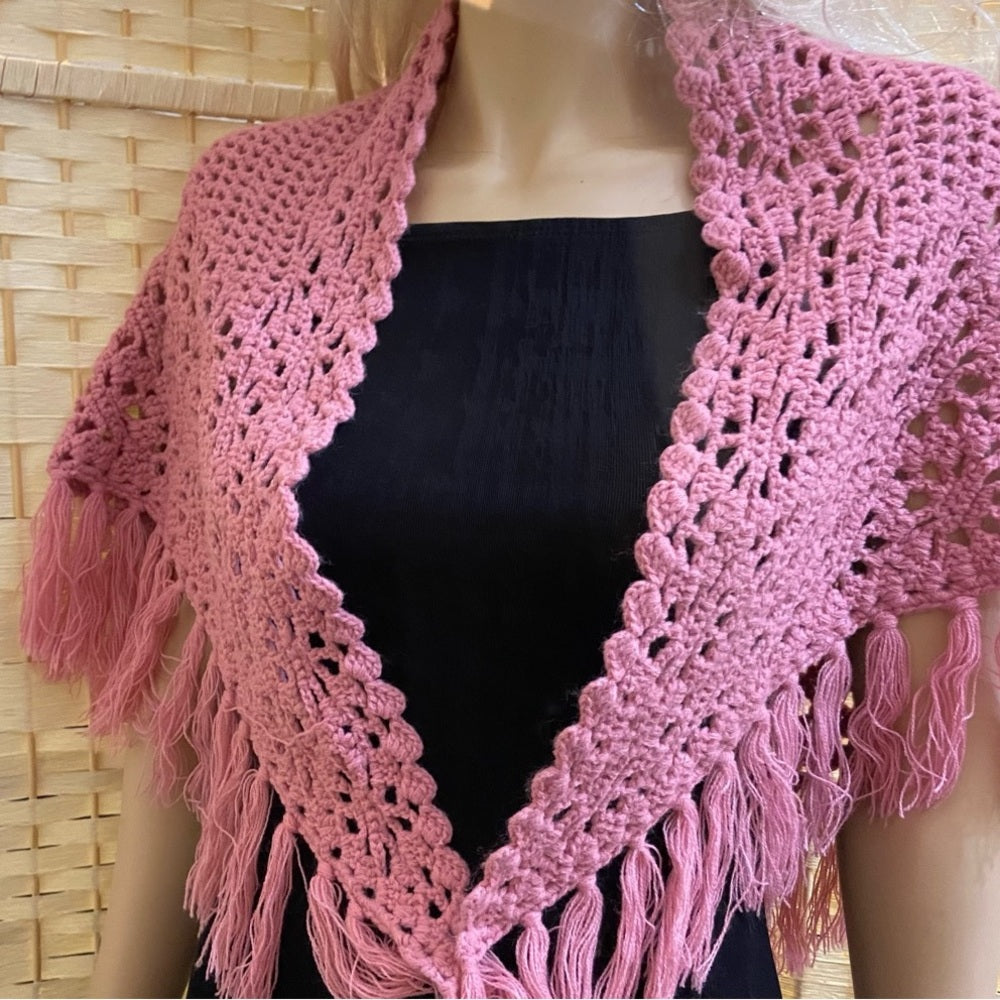Elegant Pink Hand Crocheted Shawl With Fringes