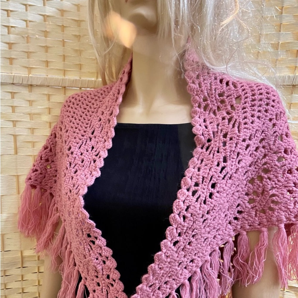 Elegant Pink Hand Crocheted Shawl With Fringes