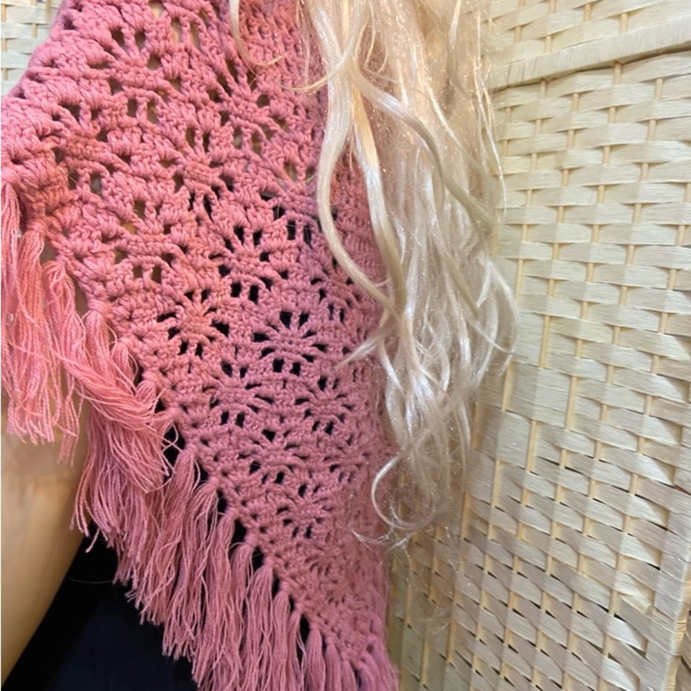 Elegant Pink Hand Crocheted Shawl With Fringes
