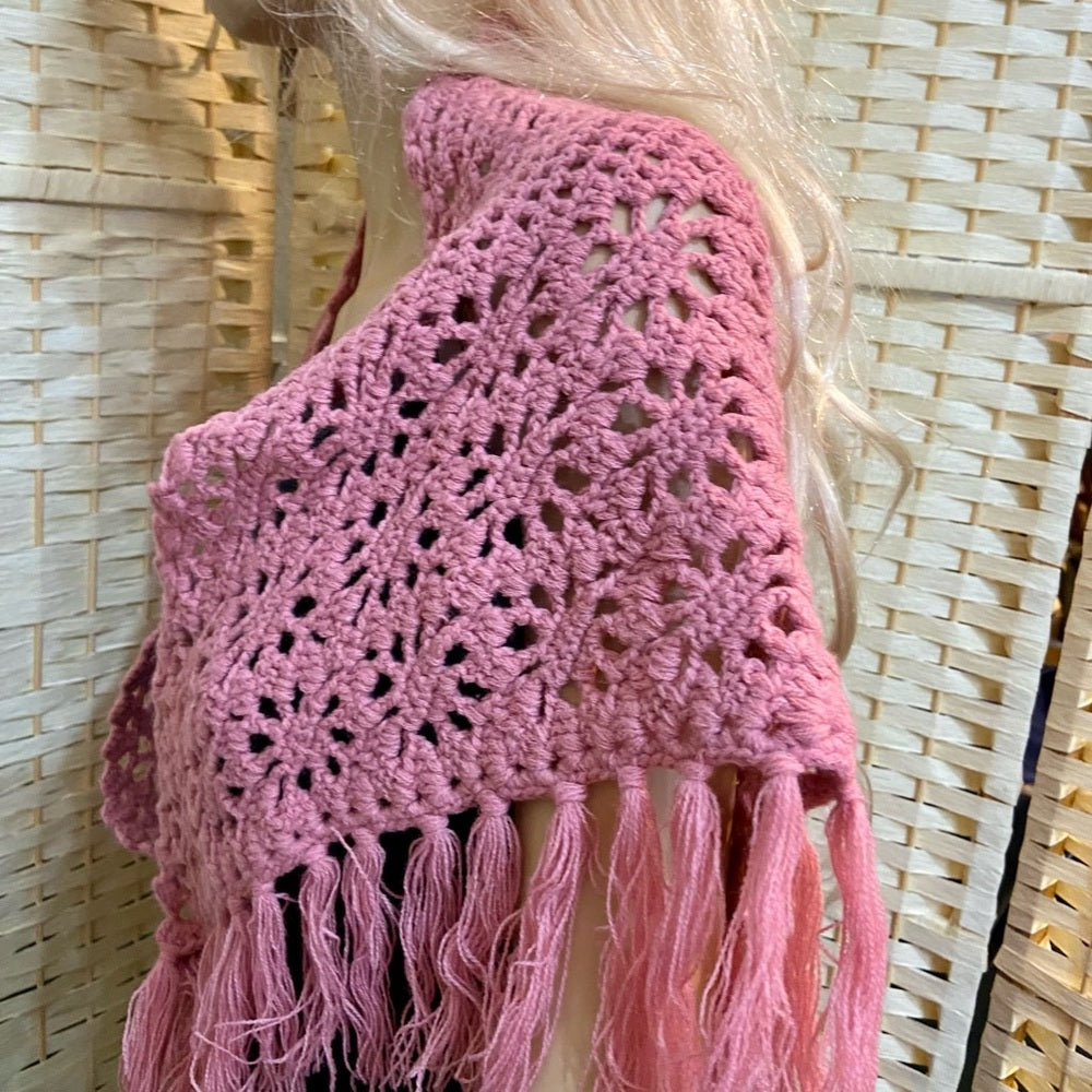 Elegant Pink Hand Crocheted Shawl With Fringes