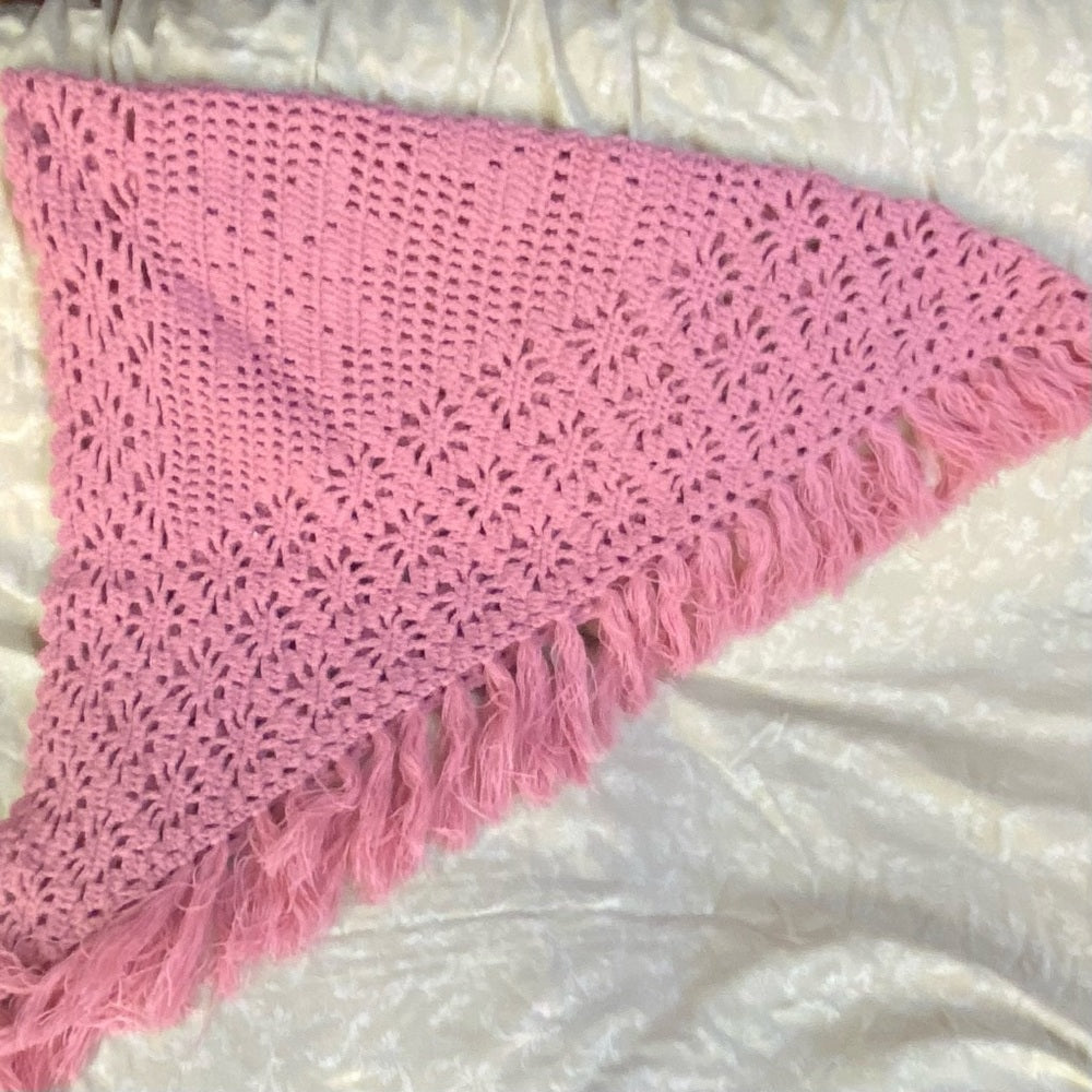 Elegant Pink Hand Crocheted Shawl With Fringes