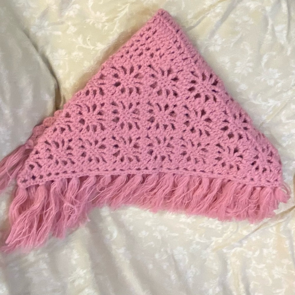 Elegant Pink Hand Crocheted Shawl With Fringes