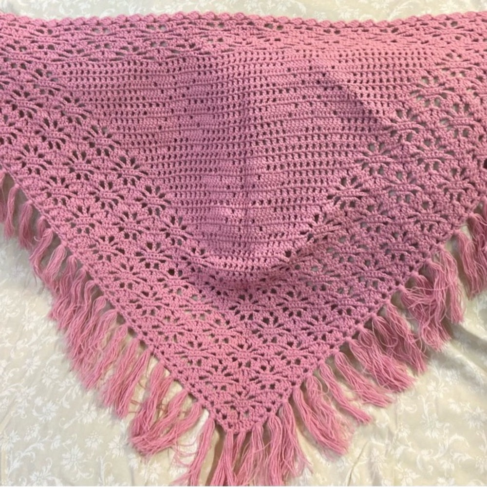 Elegant Pink Hand Crocheted Shawl With Fringes