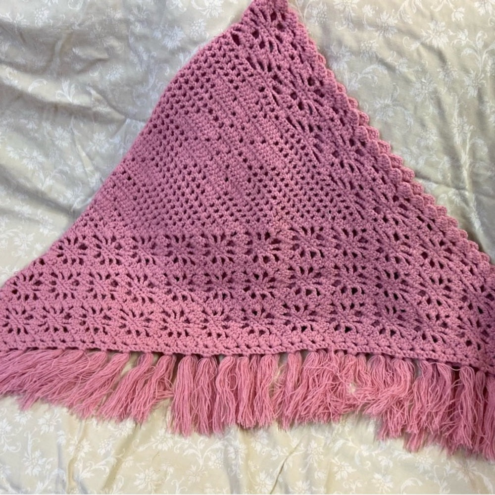 Elegant Pink Hand Crocheted Shawl With Fringes