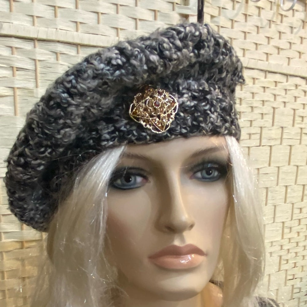Elegant Grayish Black Beret- Cloche Beanie Hat with Rhinestones Accent