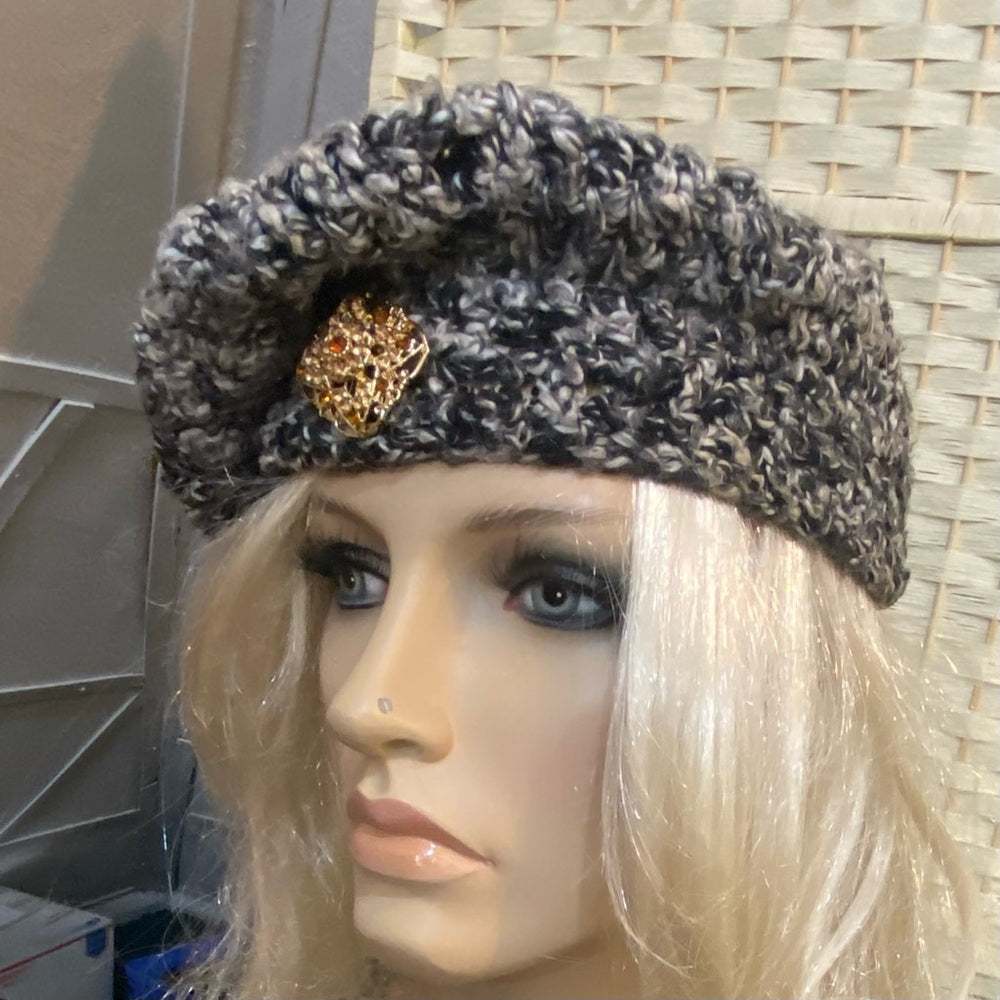 Elegant Grayish Black Beret- Cloche Beanie Hat with Rhinestones Accent