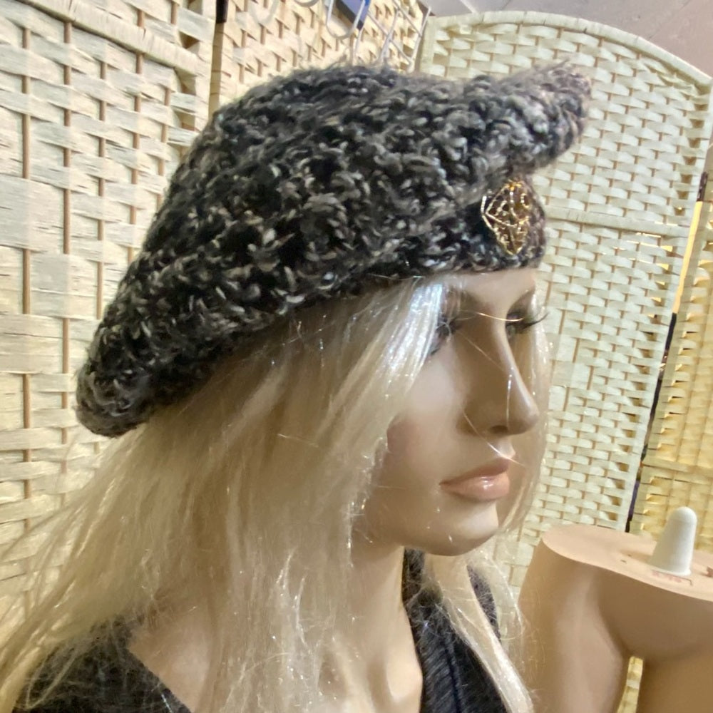 Elegant Grayish Black Beret- Cloche Beanie Hat with Rhinestones Accent