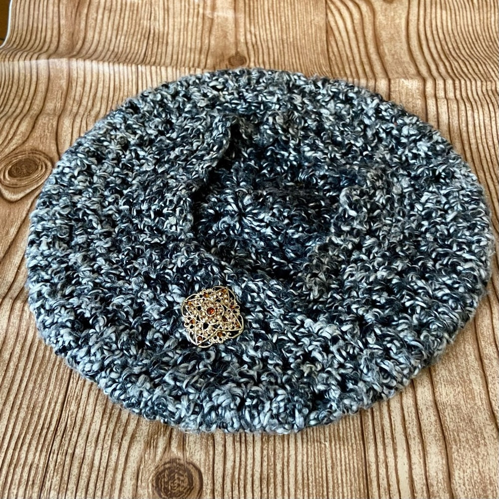 Elegant Grayish Black Beret- Cloche Beanie Hat with Rhinestones Accent