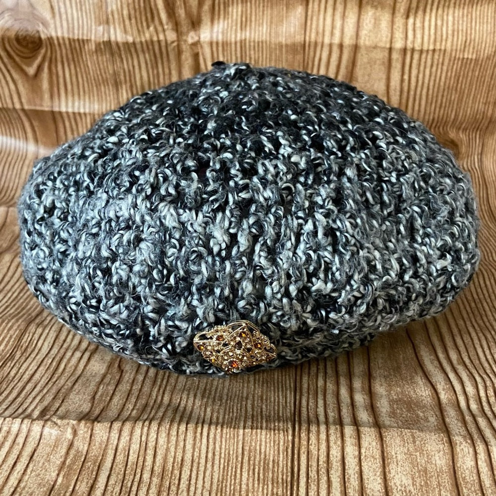 Elegant Grayish Black Beret- Cloche Beanie Hat with Rhinestones Accent