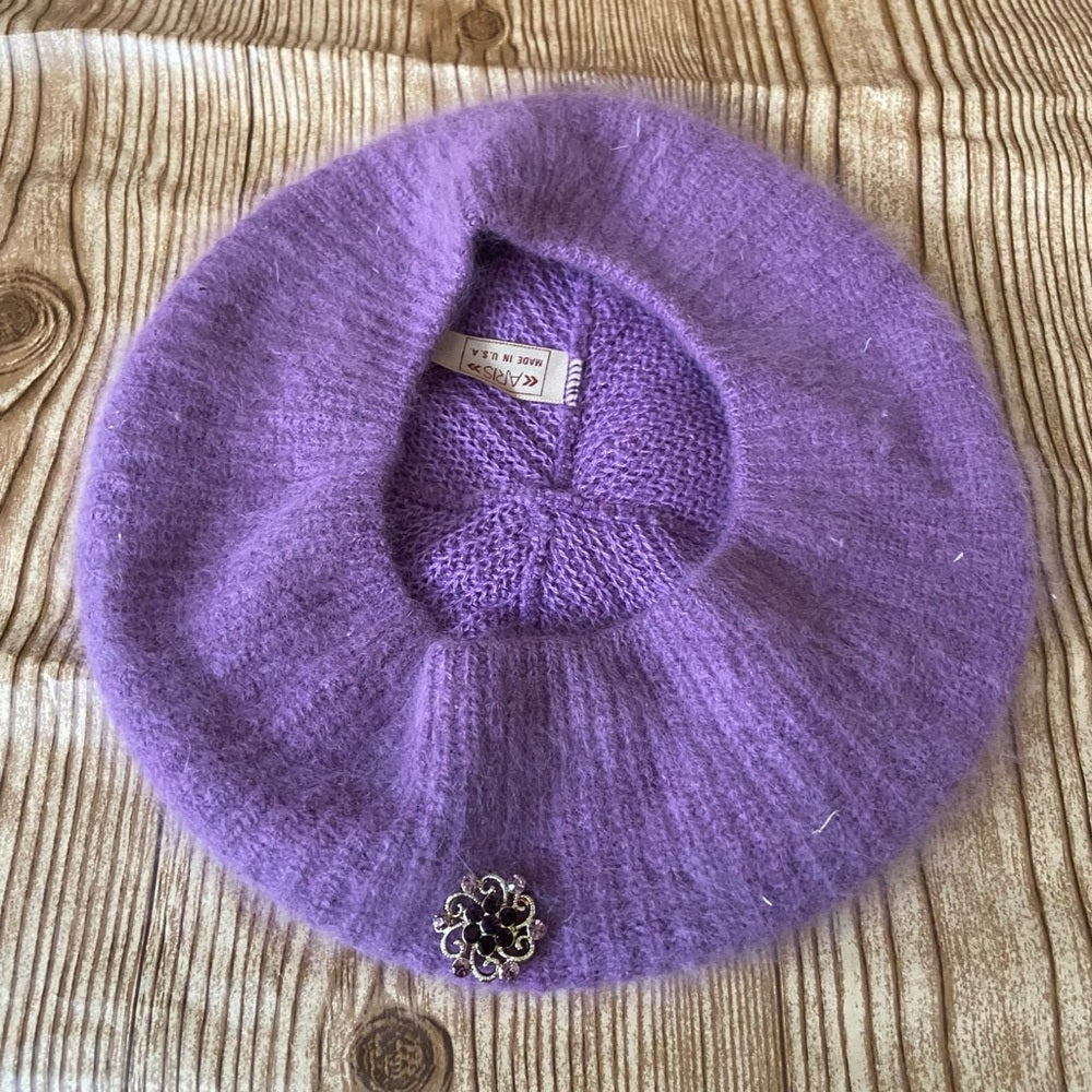 Elegant. Aris -USA , Purple Angora Cloche Beanie Hat with Rhinestones