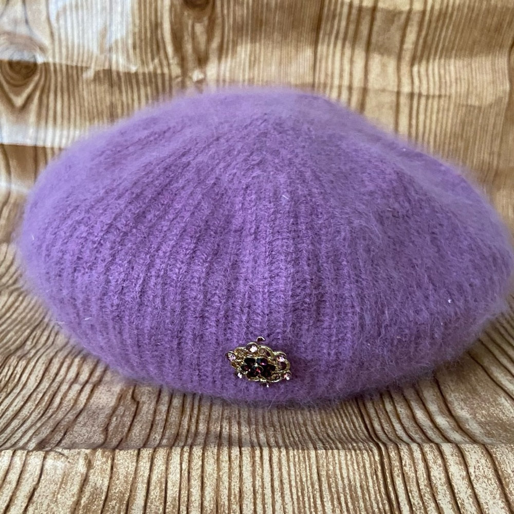 Elegant. Aris -USA , Purple Angora Cloche Beanie Hat with Rhinestones