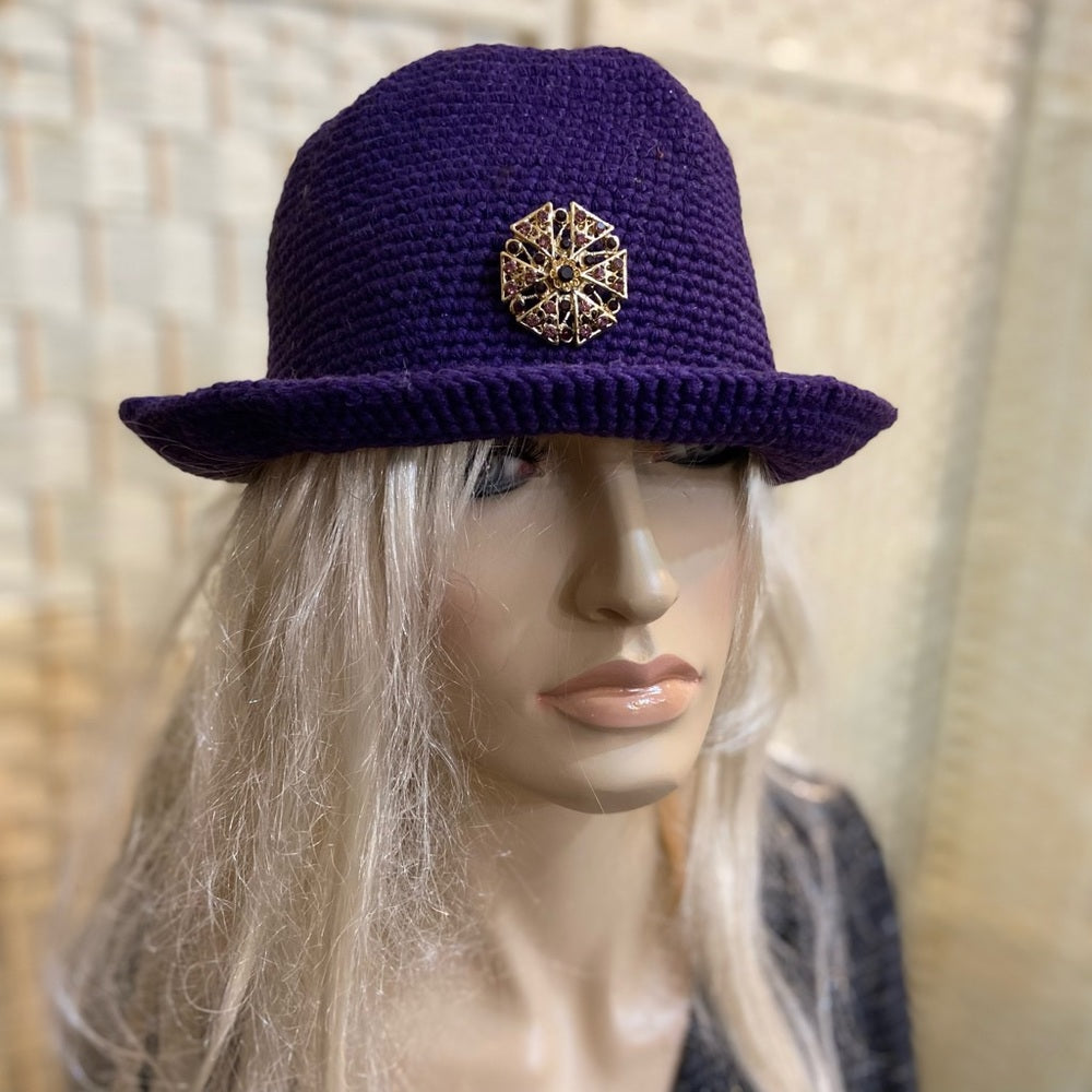 Elegant, Purple Knitted Fedora Hat with Rhinestones Brooch Accent
