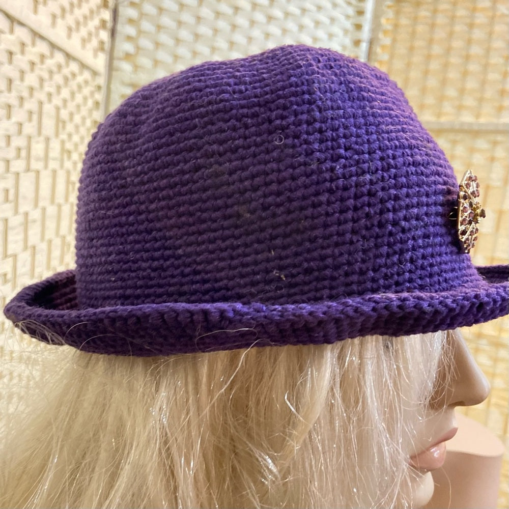 Elegant, Purple Knitted Fedora Hat with Rhinestones Brooch Accent