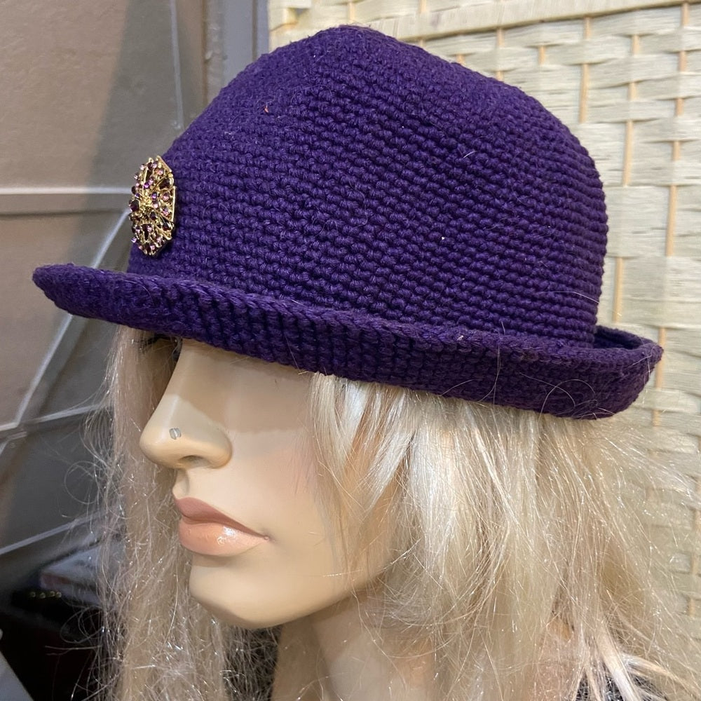 Elegant, Purple Knitted Fedora Hat with Rhinestones Brooch Accent