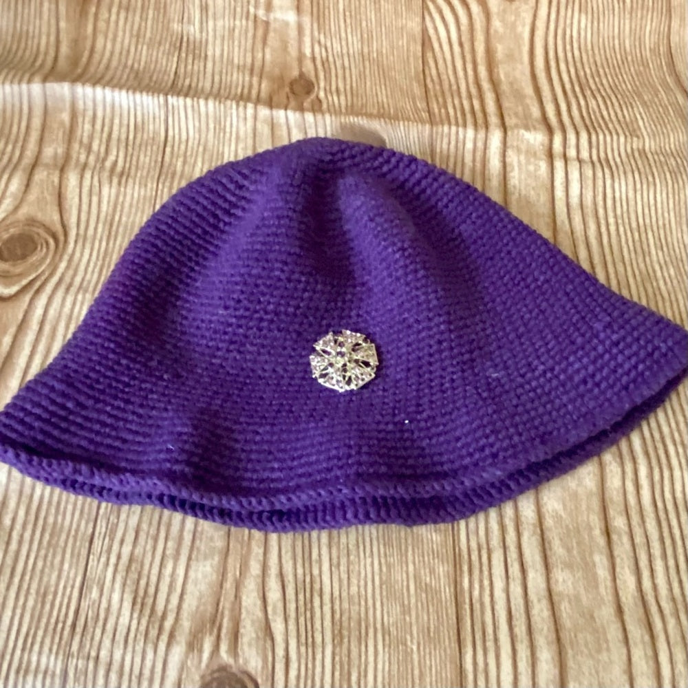 Elegant, Purple Knitted Fedora Hat with Rhinestones Brooch Accent