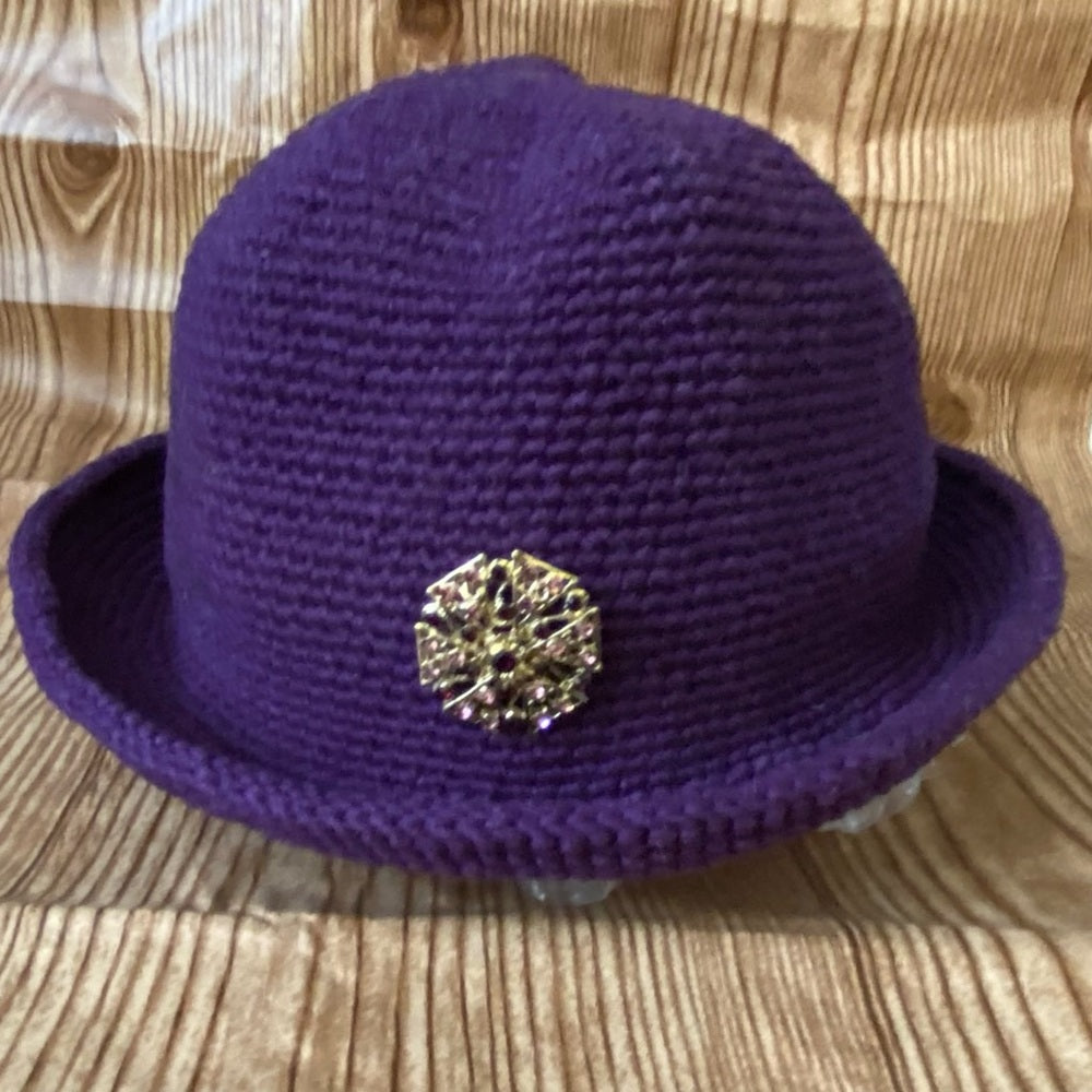 Elegant, Purple Knitted Fedora Hat with Rhinestones Brooch Accent